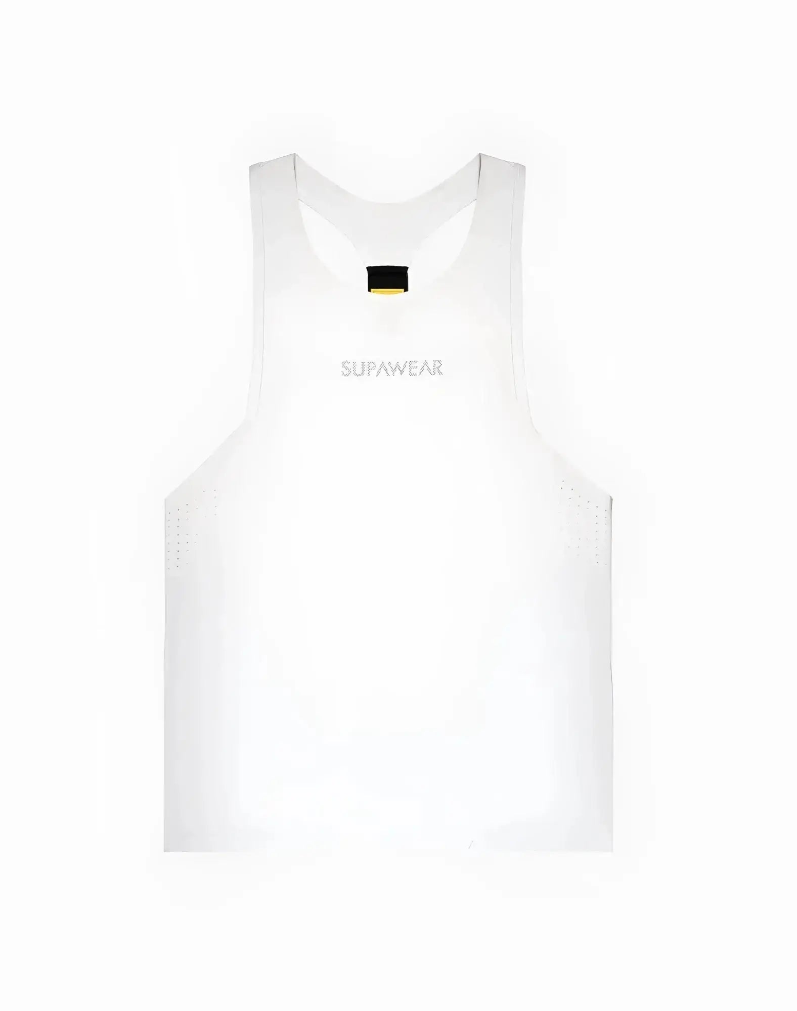White supawear SPR Y-tank with subtle perforated side panels and a small black tag at the neckline