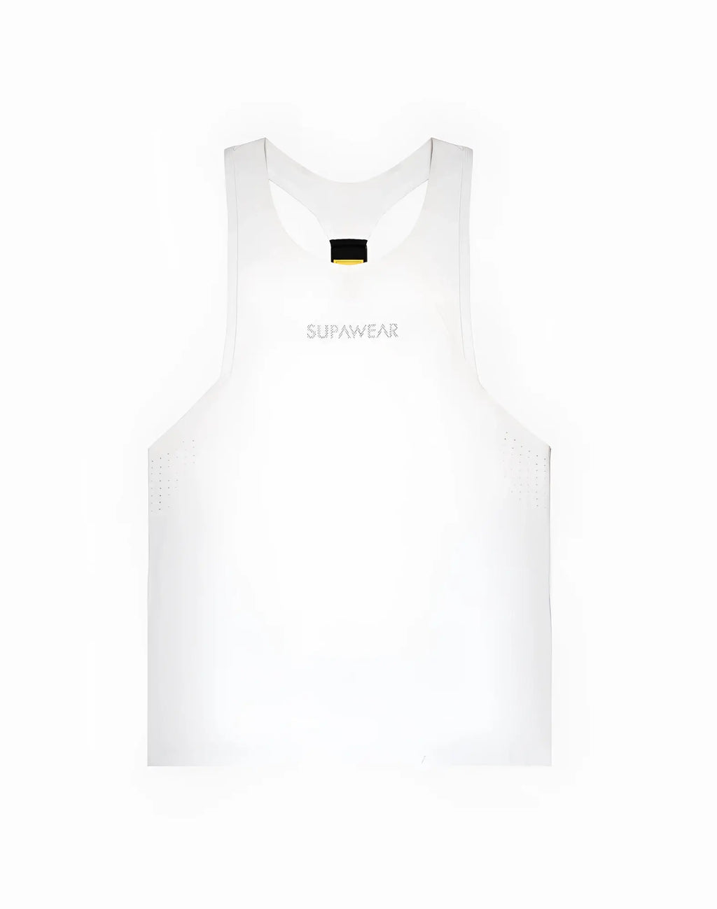 White supawear SPR Y-tank with subtle perforated side panels and a small black tag at the neckline