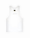 White supawear SPR Y-tank with subtle perforated side panels and a small black tag at the neckline