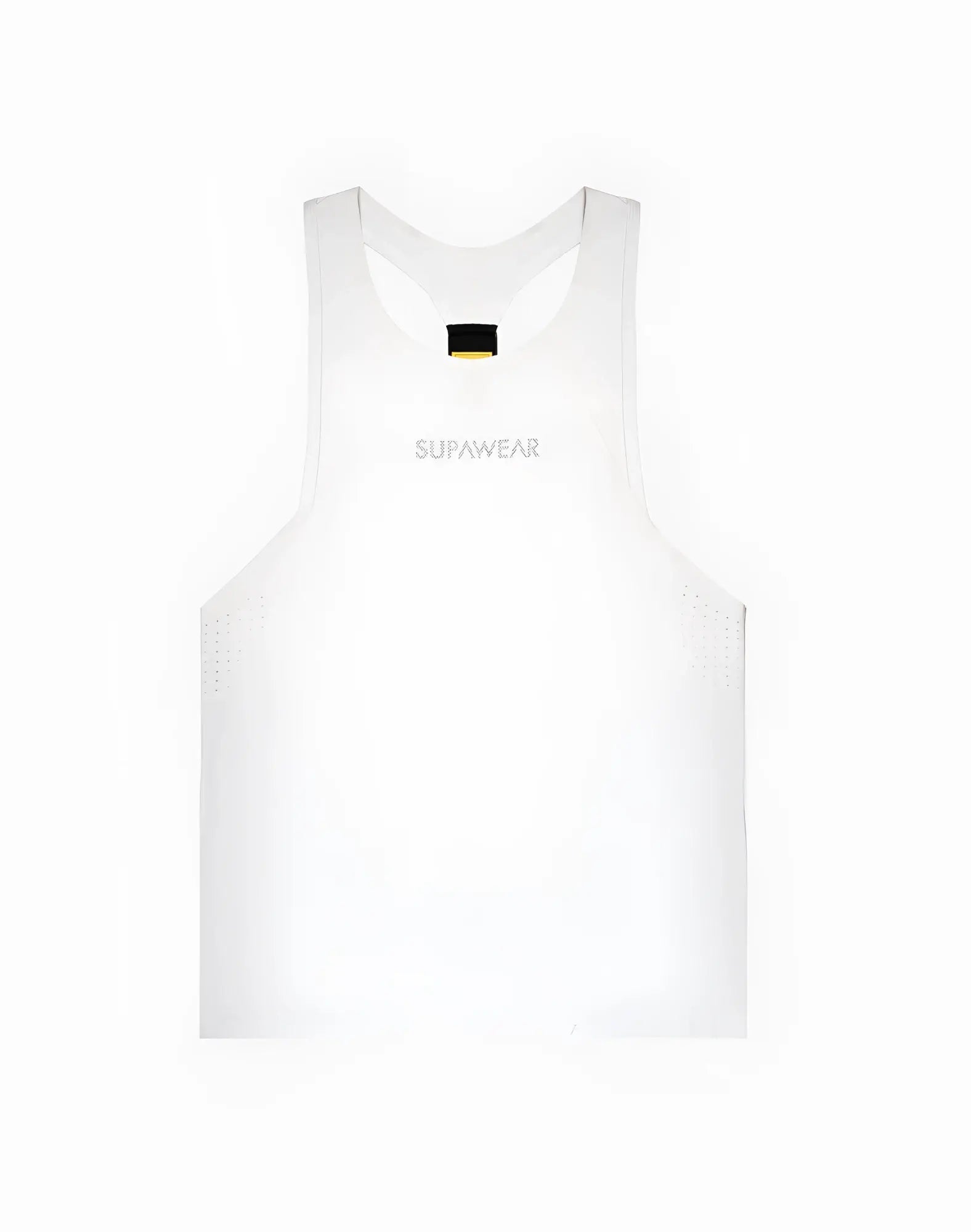 White supawear SPR Y-tank with subtle perforated side panels and a small black tag at the neckline