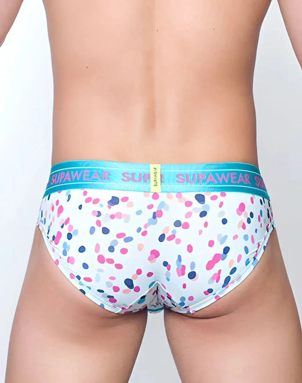 White briefs with pink blue and purple polka dots and teal supawear waistband sprint brief underwear ditsy dots blue