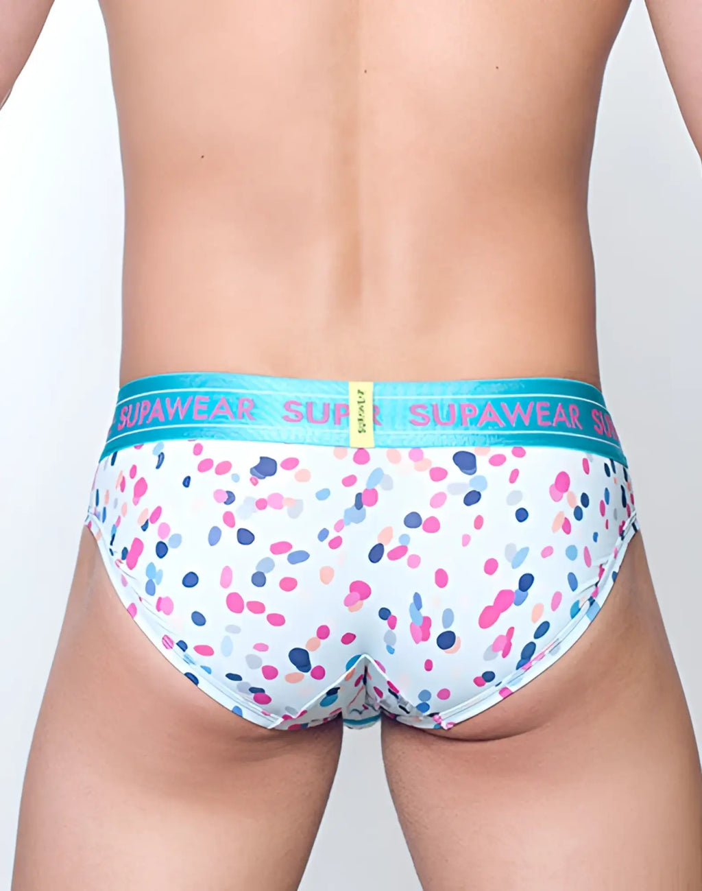 White briefs with pink blue and purple polka dots and teal supawear waistband sprint brief underwear ditsy dots blue
