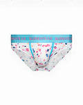 White SUPAWEAR Sprint brief underwear with playful pink blue and orange polka dots and a light blue branded waistband