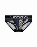 Black supawear sprint briefs with tropical leaf and pink flower print and light gray mesh panels jamaica design