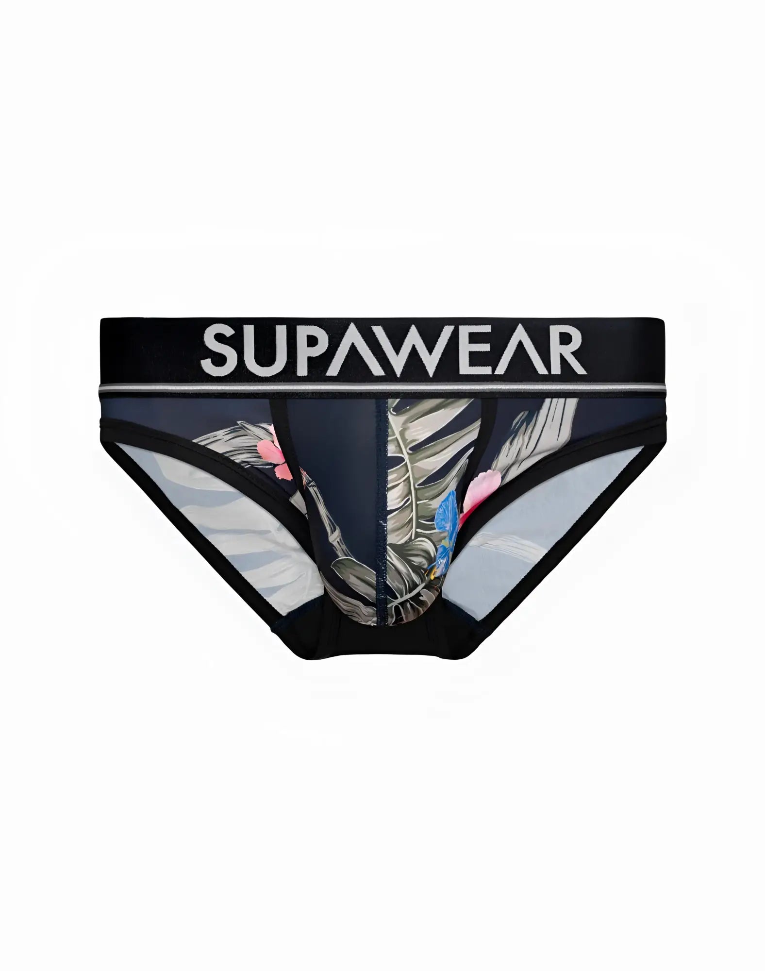 Black supawear sprint briefs with tropical leaf and pink flower print and light gray mesh panels jamaica design