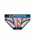 SupaWear Sprint Brief underwear in orchid with tropical pink yellow green floral pattern on white base and teal trim