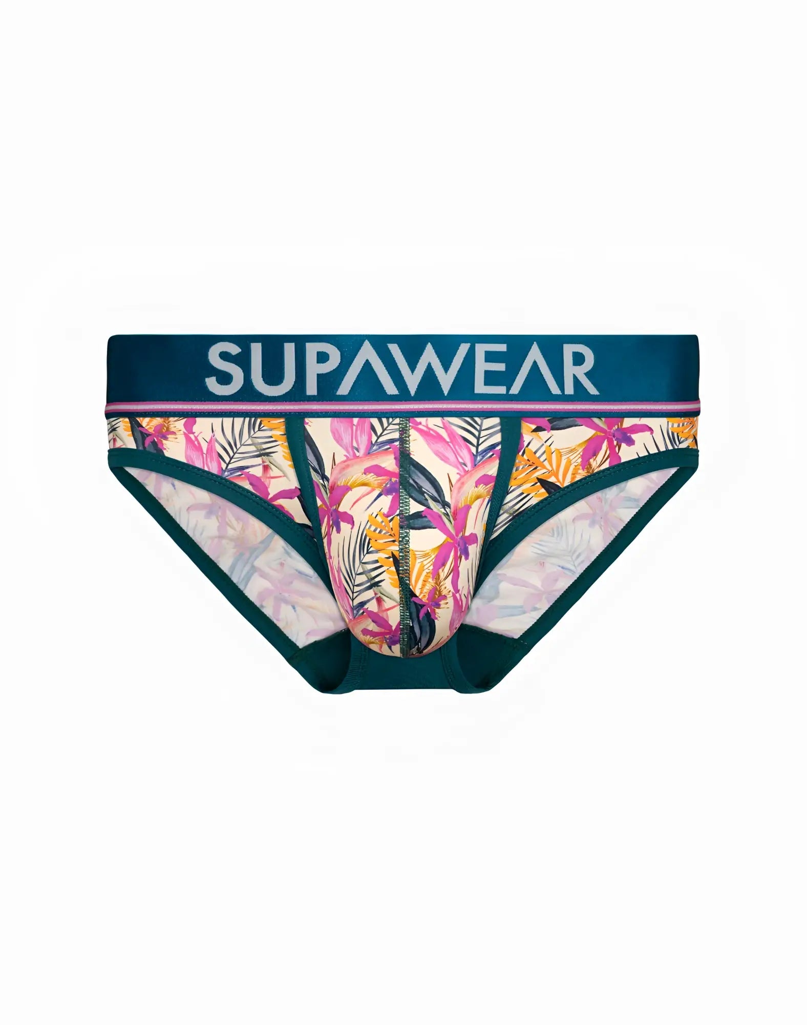 SupaWear Sprint Brief underwear in orchid with tropical pink yellow green floral pattern on white base and teal trim