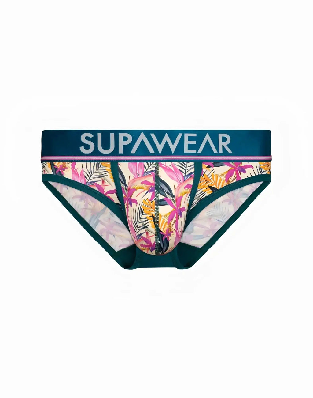 SupaWear Sprint Brief underwear in orchid with tropical pink yellow green floral pattern on white base and teal trim