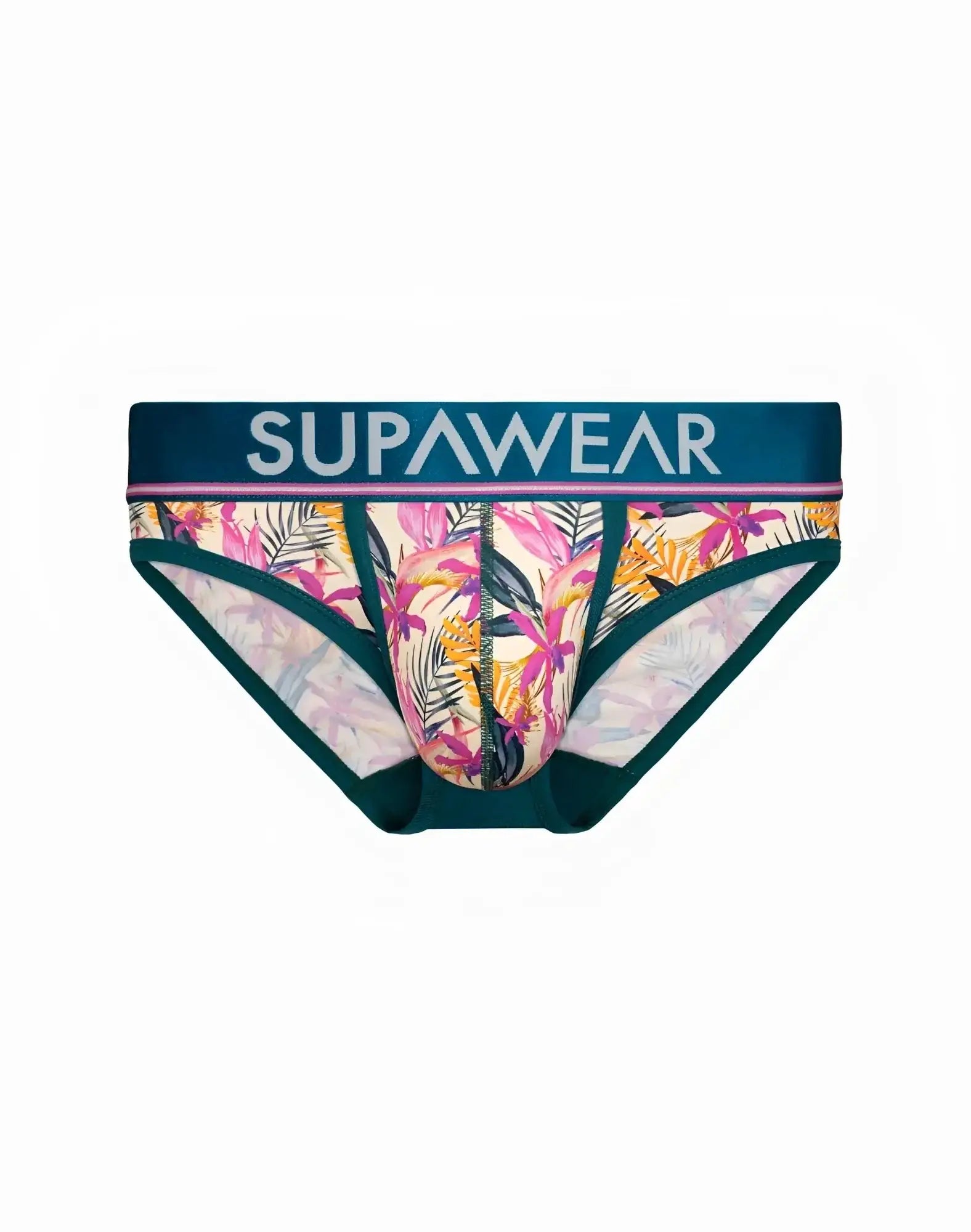 SupaWear Sprint Brief underwear in orchid with tropical pink yellow green floral pattern on white base and teal trim
