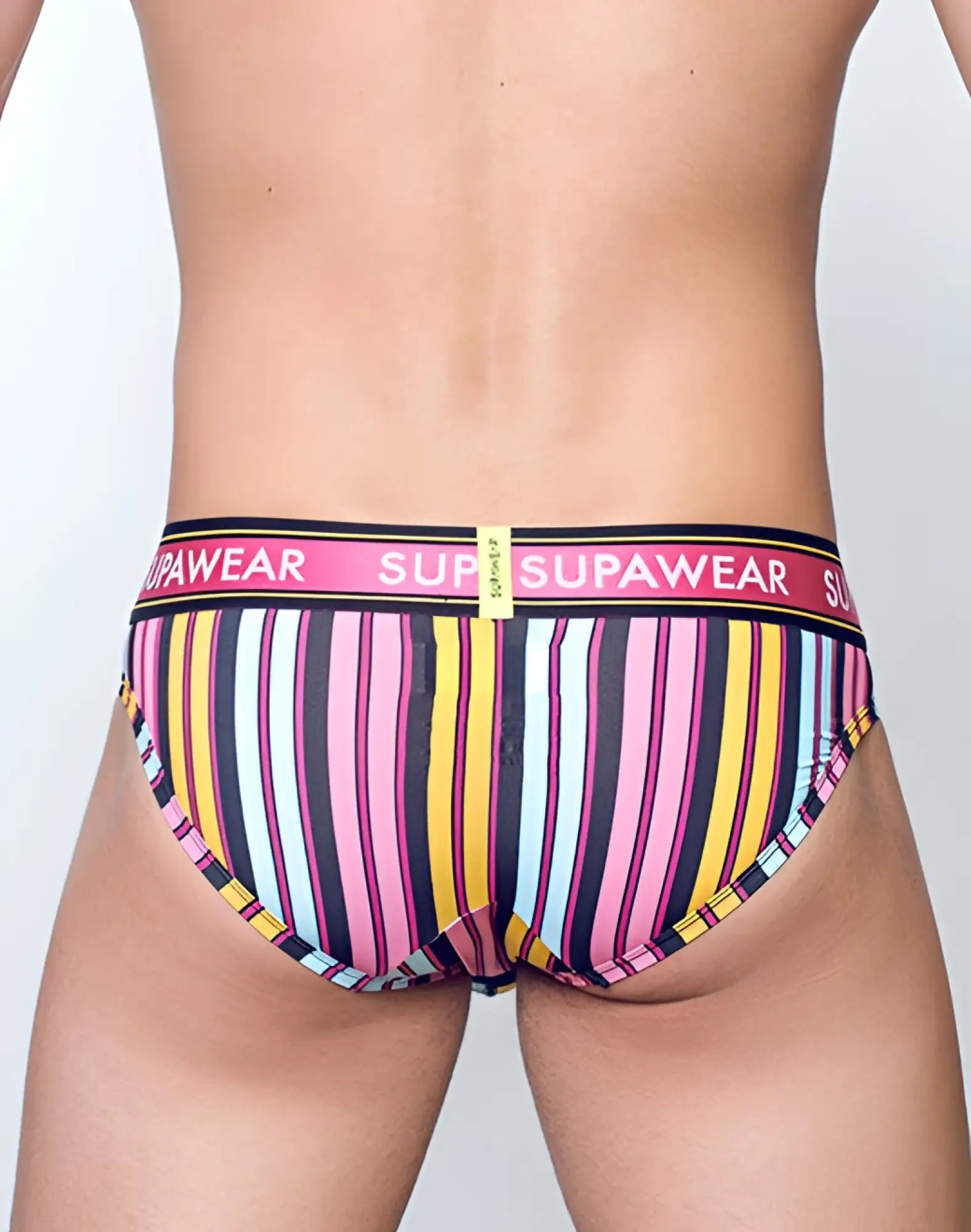 SupaWear sprint brief underwear with vibrant pink yellow blue and black stripes and a bold supawear waistband