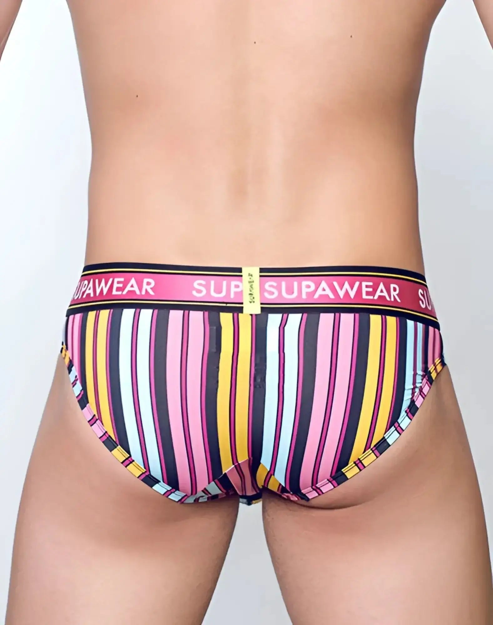 SupaWear sprint brief underwear with vibrant pink yellow blue and black stripes and a bold supawear waistband