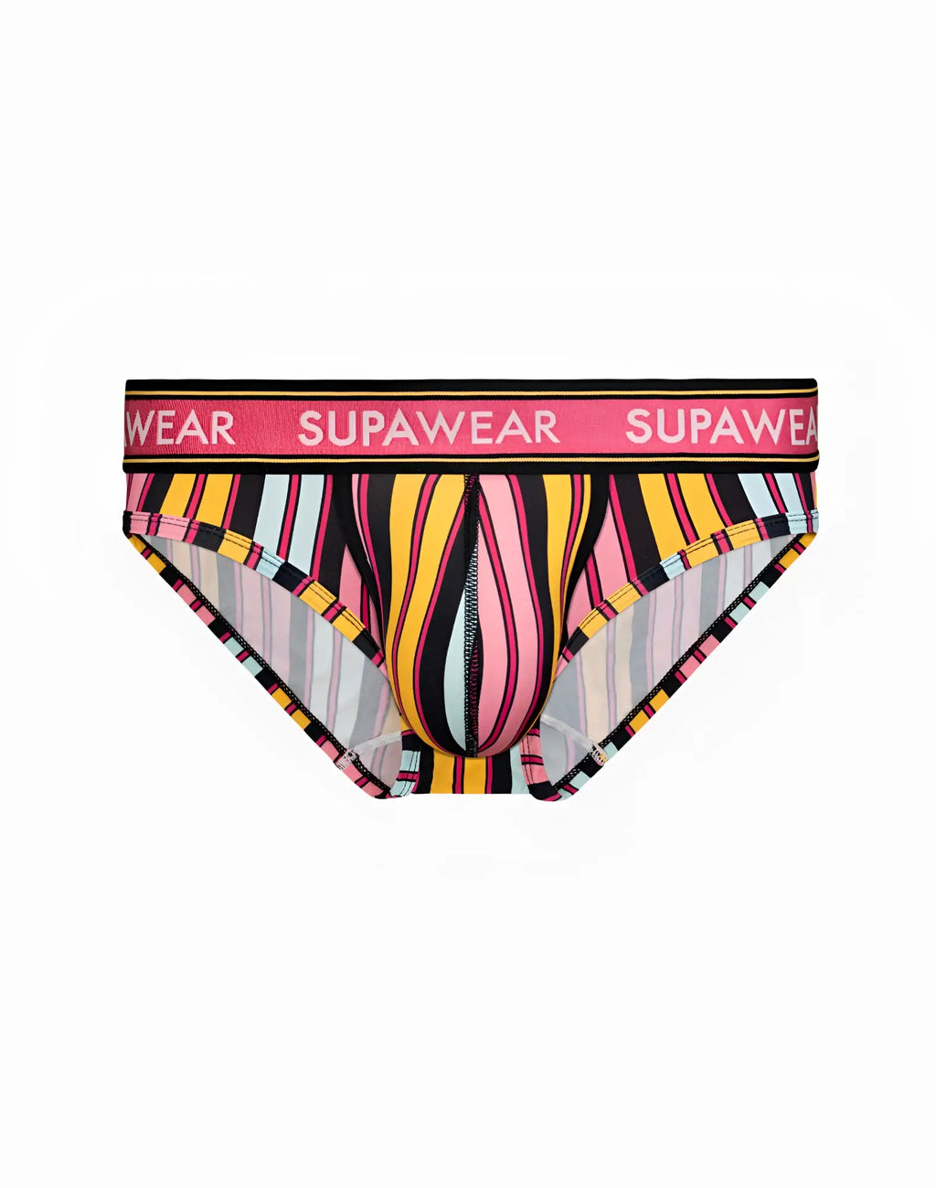 SupaWear sprint brief underwear with vibrant pink yellow black and white stripes and bold supawear waistband