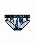 SupaWear sprint brief underwear in woody blue with blue beige wave pattern and black waistband with SupaWear logo