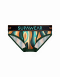 SupaWear sprint brief underwear in woody orange with vibrant teal orange green abstract waves and black waistband branding