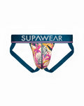 SupaWear sprint jockstrap underwear with vibrant tropical floral pattern on cream base and teal elastic straps
