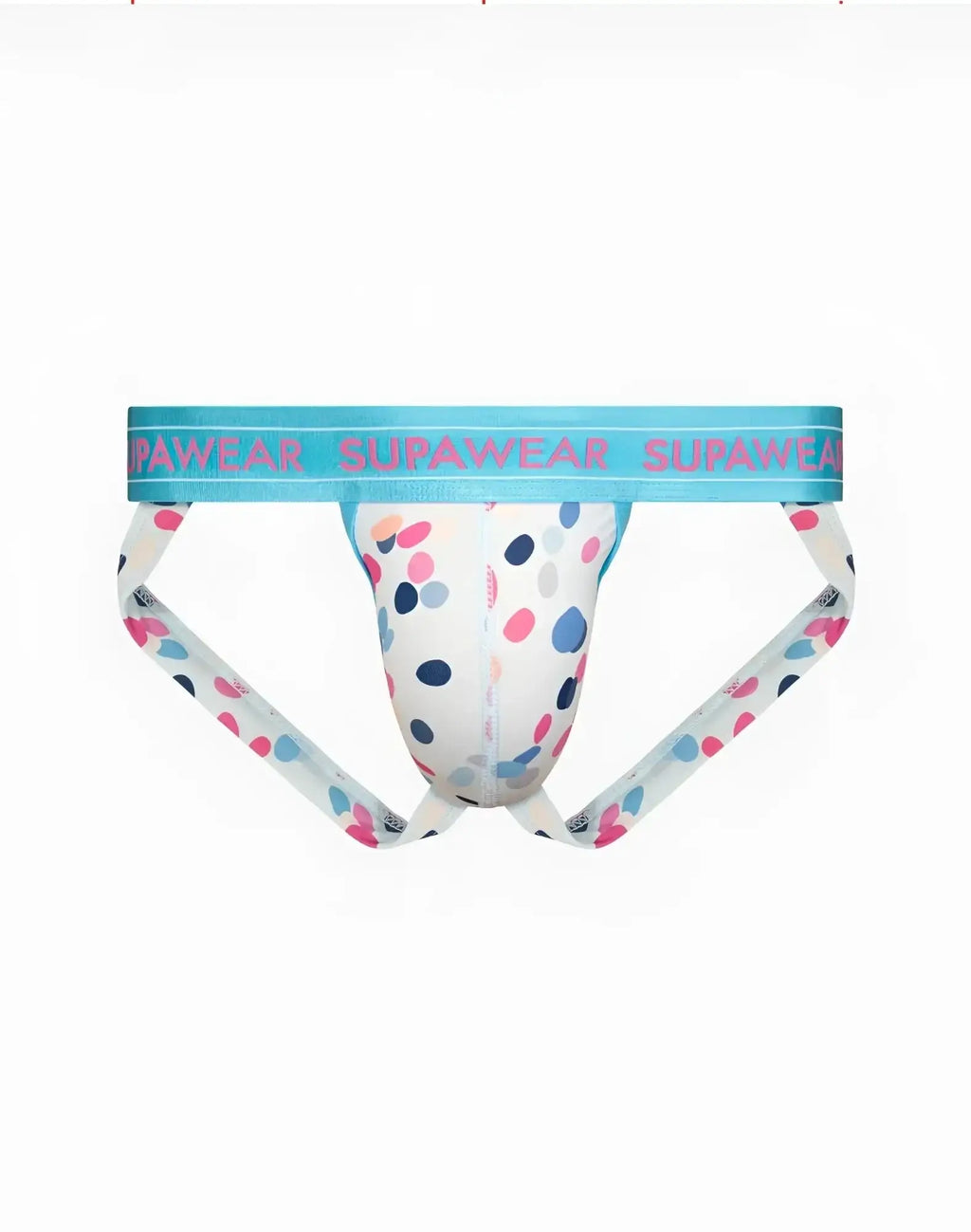 A white supawear sprint jockstrap brief with playful pink blue and gray polka dots and a light blue waistband