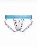 A white supawear sprint jockstrap brief with playful pink blue and gray polka dots and a light blue waistband