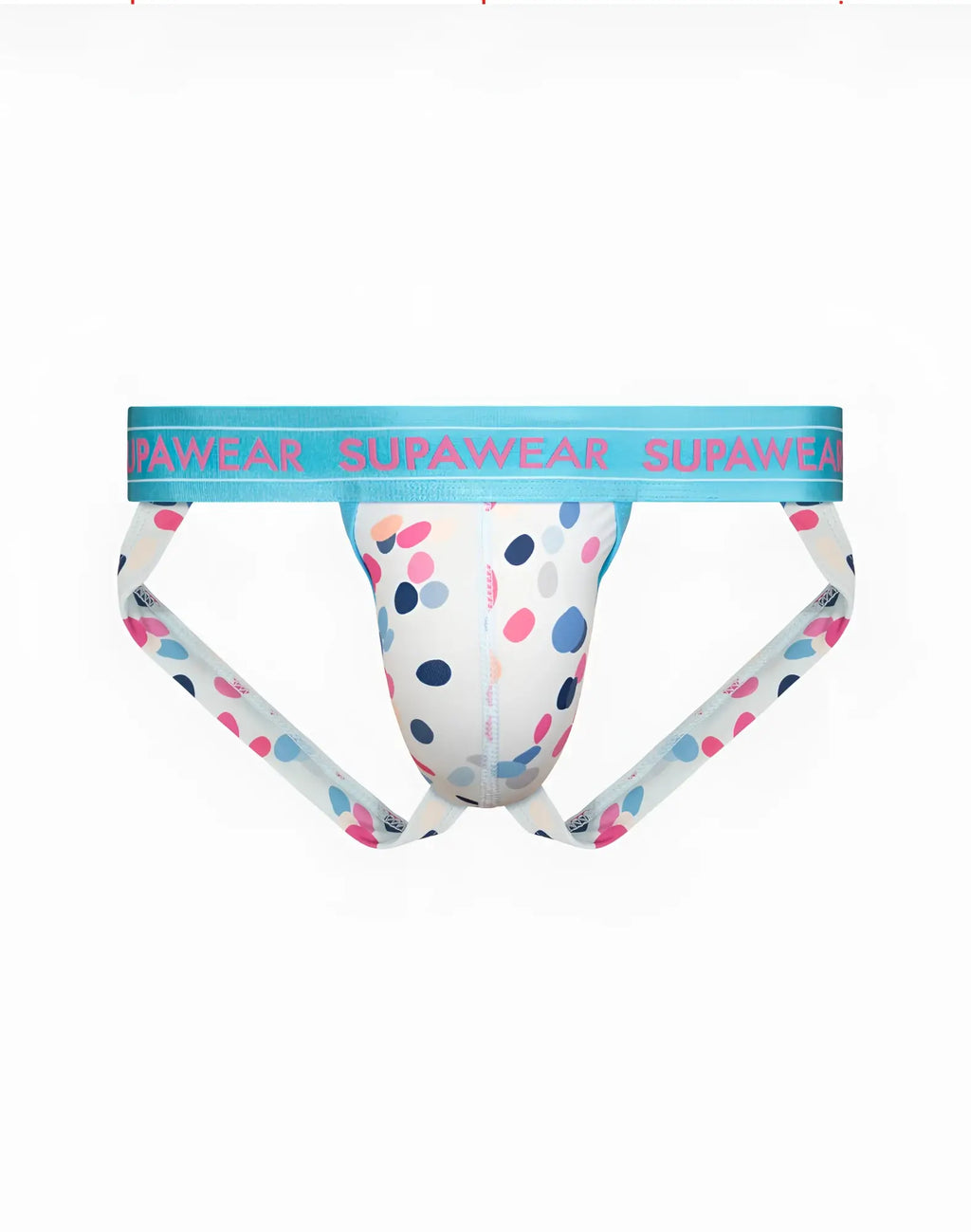A white supawear sprint jockstrap brief with playful pink blue and gray polka dots and a light blue waistband