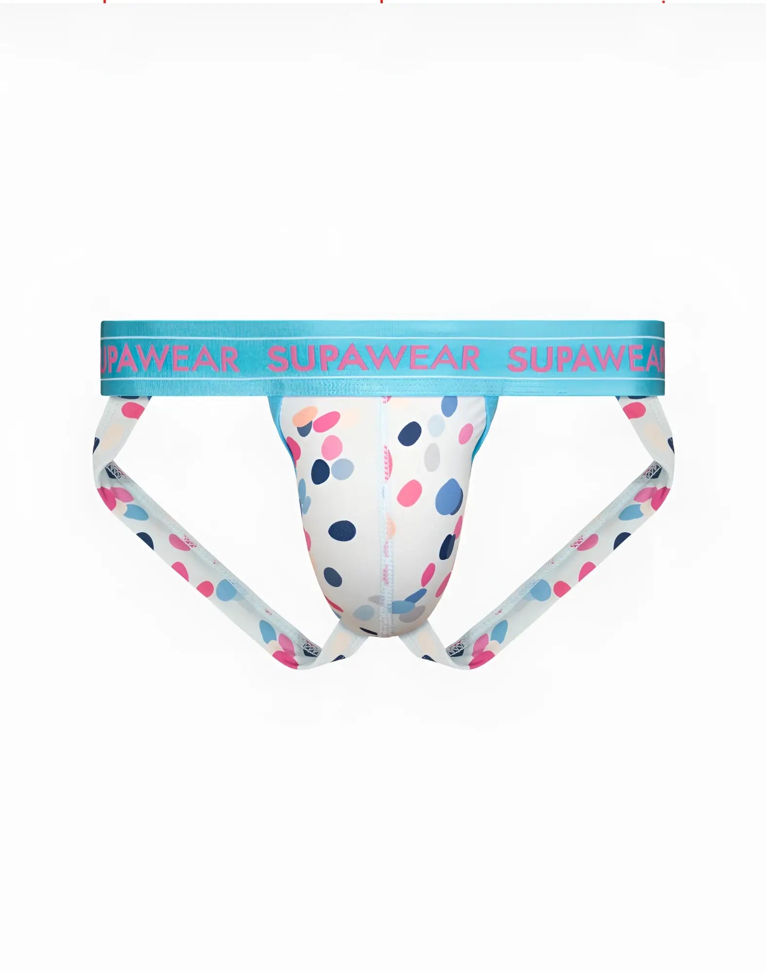 A white supawear sprint jockstrap brief with playful pink blue and gray polka dots and a light blue waistband