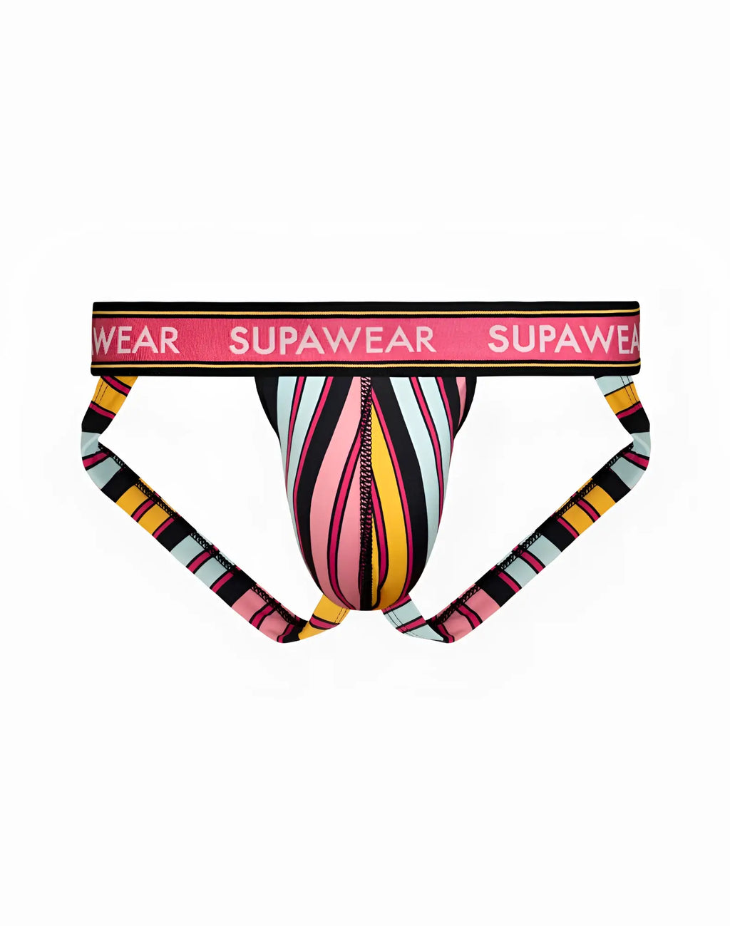 SupaWear sprint jockstraps athletic briefs with vibrant multicolored diagonal stripes and pink waistband
