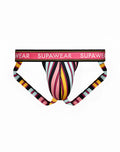 SupaWear sprint jockstraps athletic briefs with vibrant multicolored diagonal stripes and pink waistband