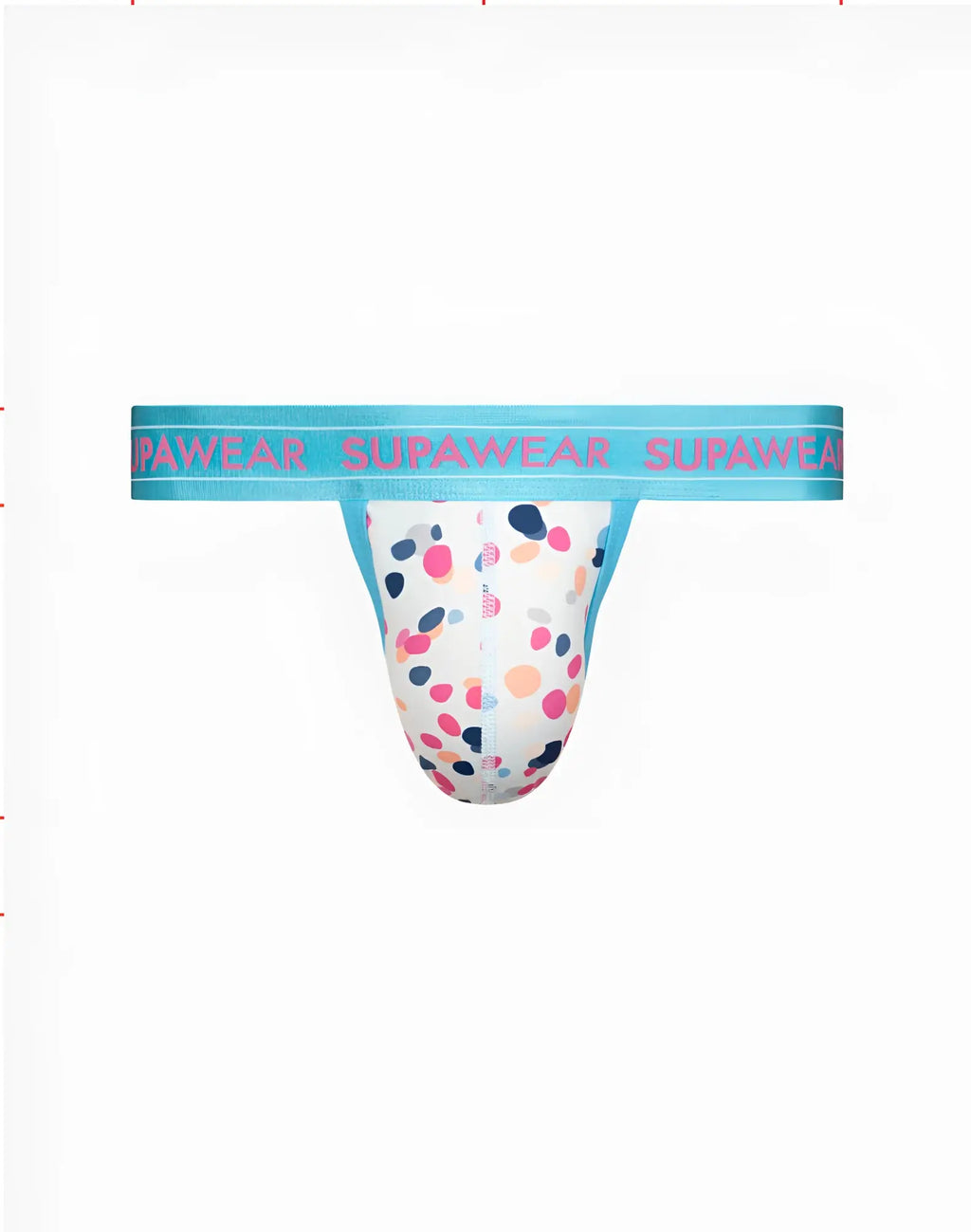SupaWear sprint thong underwear with colorful polka-dot design white fabric and light blue waistband front view