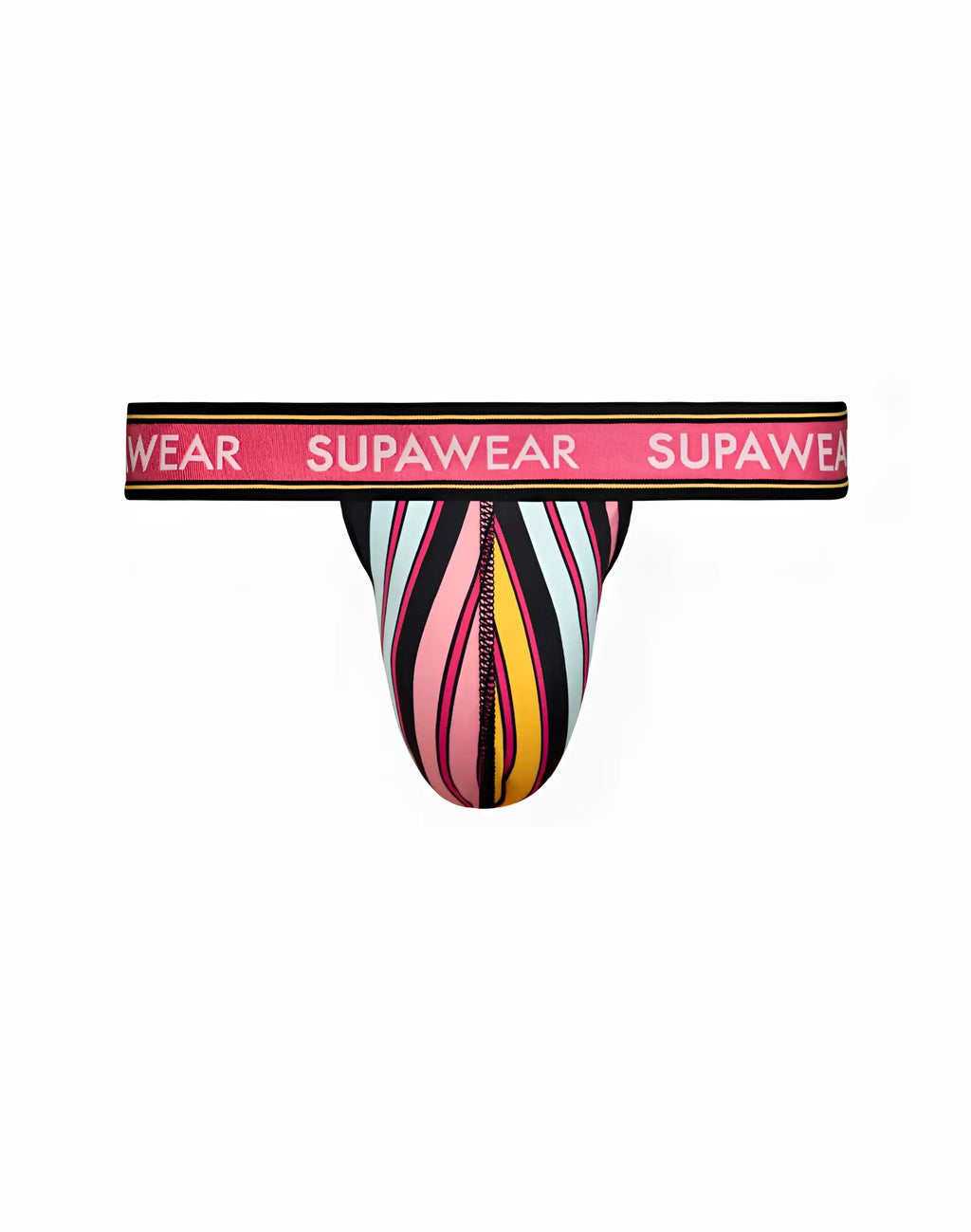 SupaWear Sprint thong underwear with vibrant pink, black, yellow, and blue stripes and a pink waistband with branding