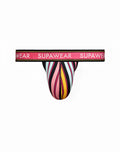 SupaWear Sprint thong underwear with vibrant pink, black, yellow, and blue stripes and a pink waistband with branding