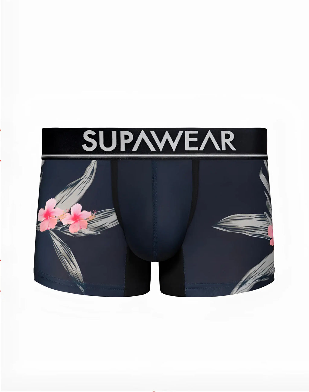 Dark navy supawear sprint trunk underwear with vibrant pink floral and gray leaf pattern and white waistband logo