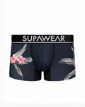 Dark navy supawear sprint trunk underwear with vibrant pink floral and gray leaf pattern and white waistband logo