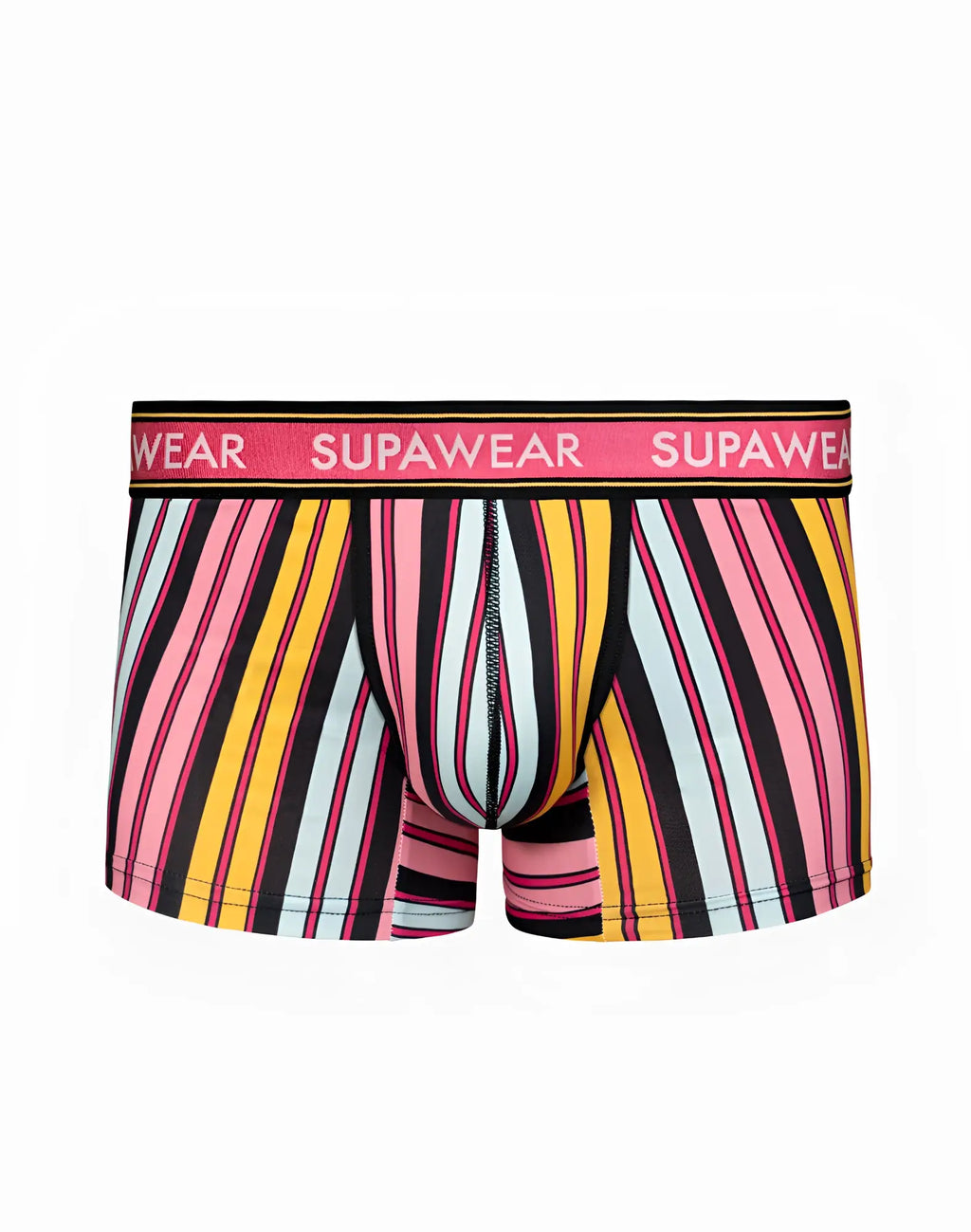 Vibrant striped men’s supawear sprint trunk underwear in pink yellow black and light blue with bold pink waistband