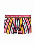 Vibrant striped men’s supawear sprint trunk underwear in pink yellow black and light blue with bold pink waistband