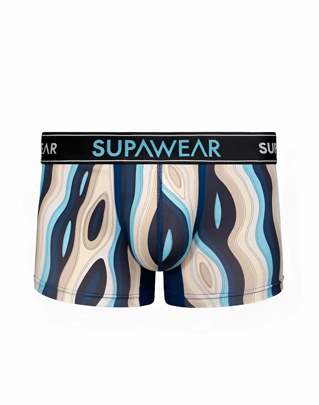 Supawea sprint trunk men’s boxer briefs with blue and beige wave pattern and black waistband in woody blue
