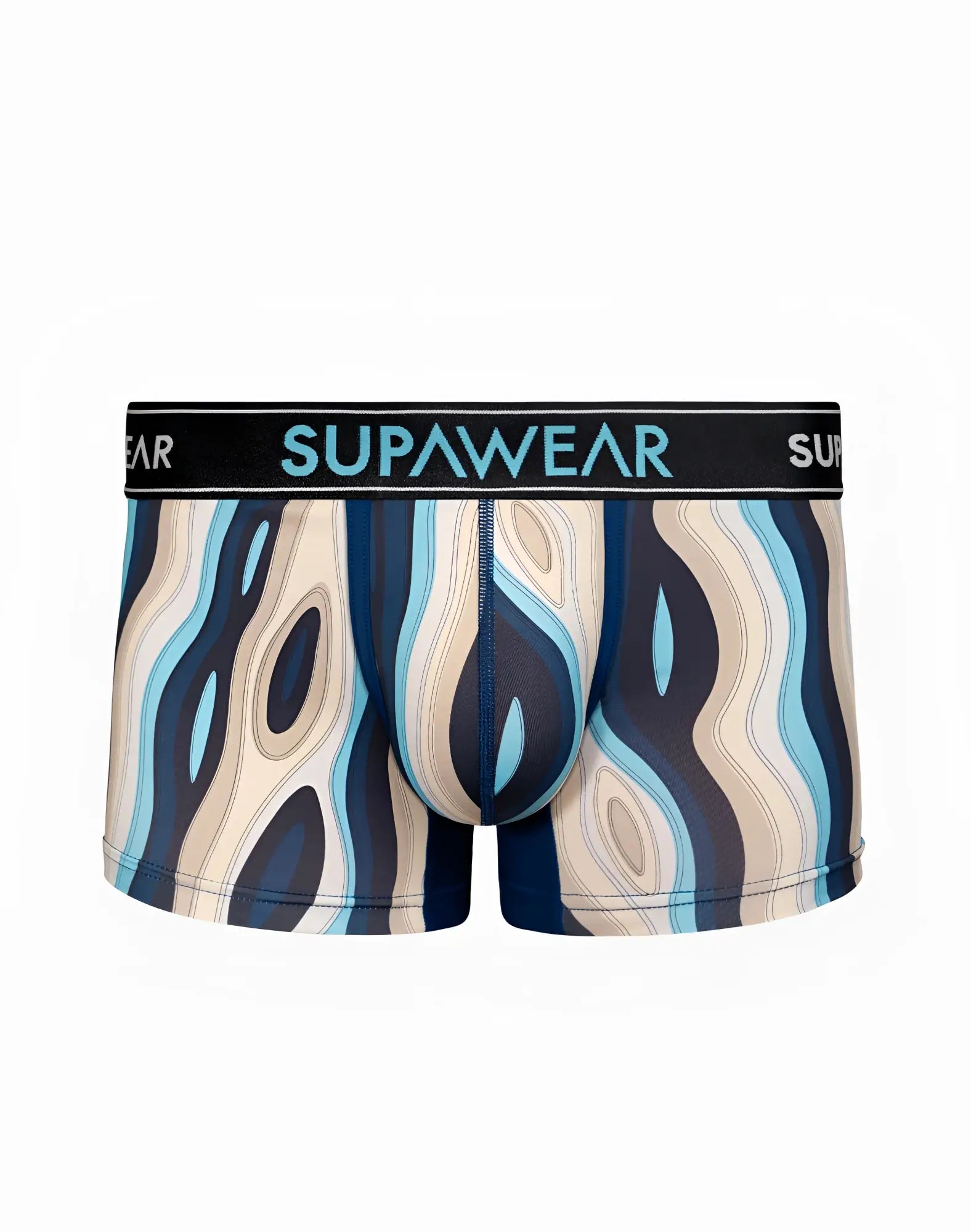 Supawea sprint trunk men’s boxer briefs with blue and beige wave pattern and black waistband in woody blue