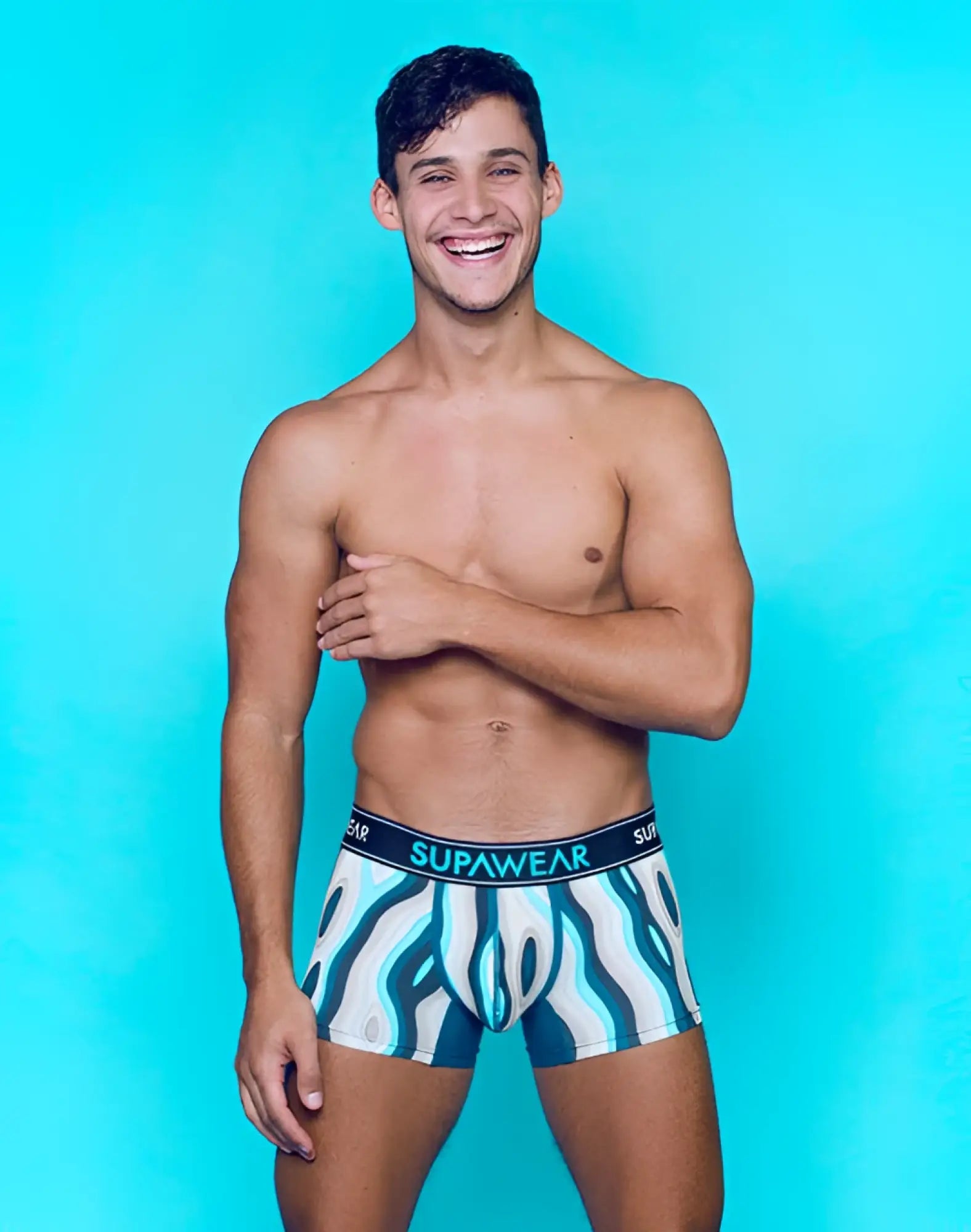 Men’s supawear sprint trunk underwear in woody blue with bold teal and white wavy pattern boxer briefs