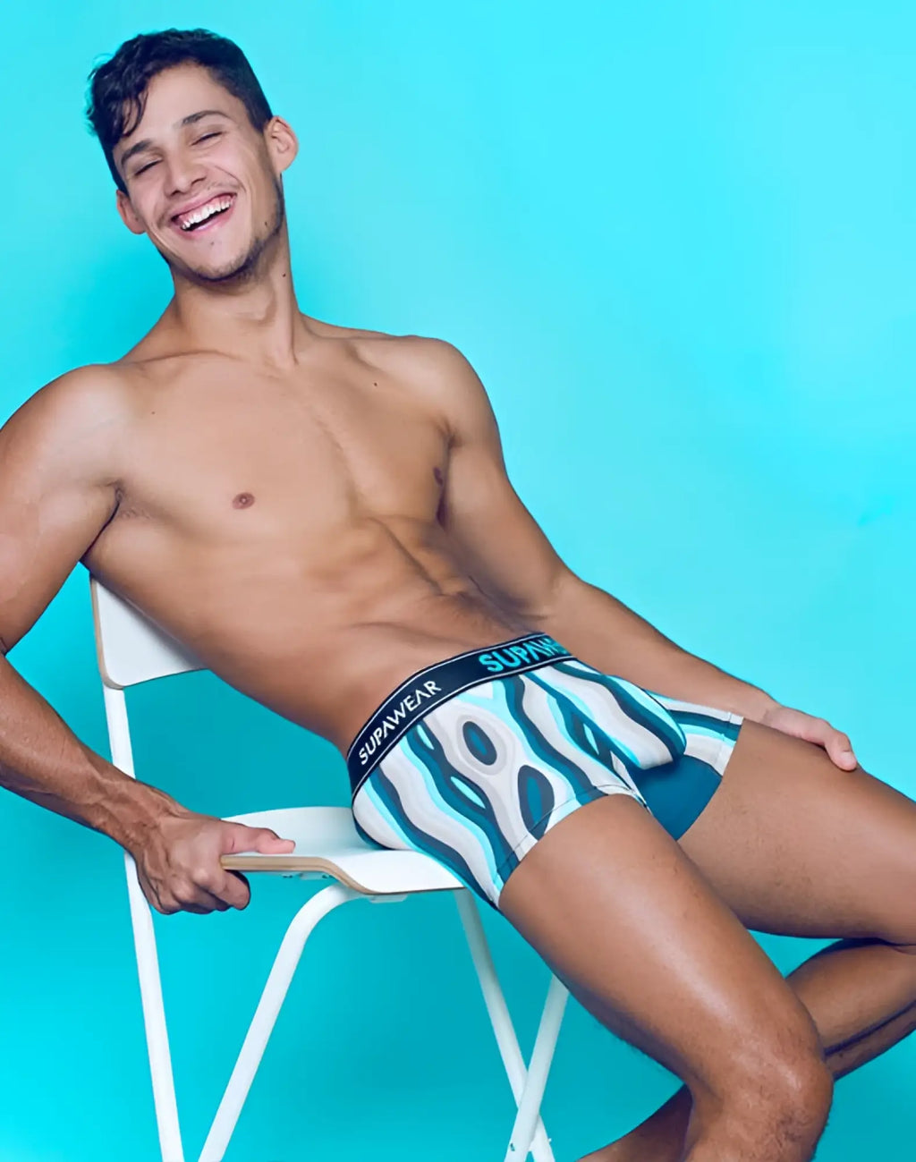 Supreme mens boxer briefs with bold teal and white abstract wave pattern in SUPAWEAR Sprint Trunk Underwear woody blue