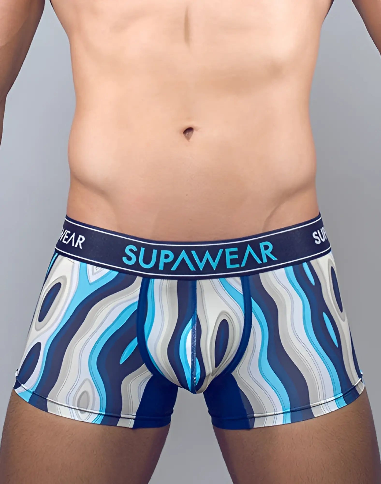 Supawea sprint trunk underwear in woody blue with blue and white wavy pattern made from breathable fabric