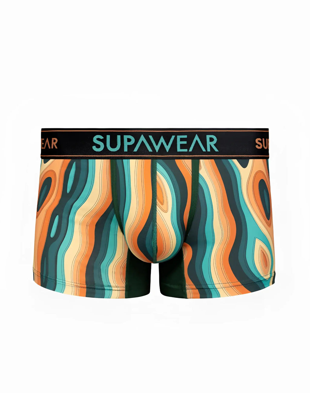 Supear sprint trunk underwear in vibrant orange and teal wavy pattern with black waistband for men