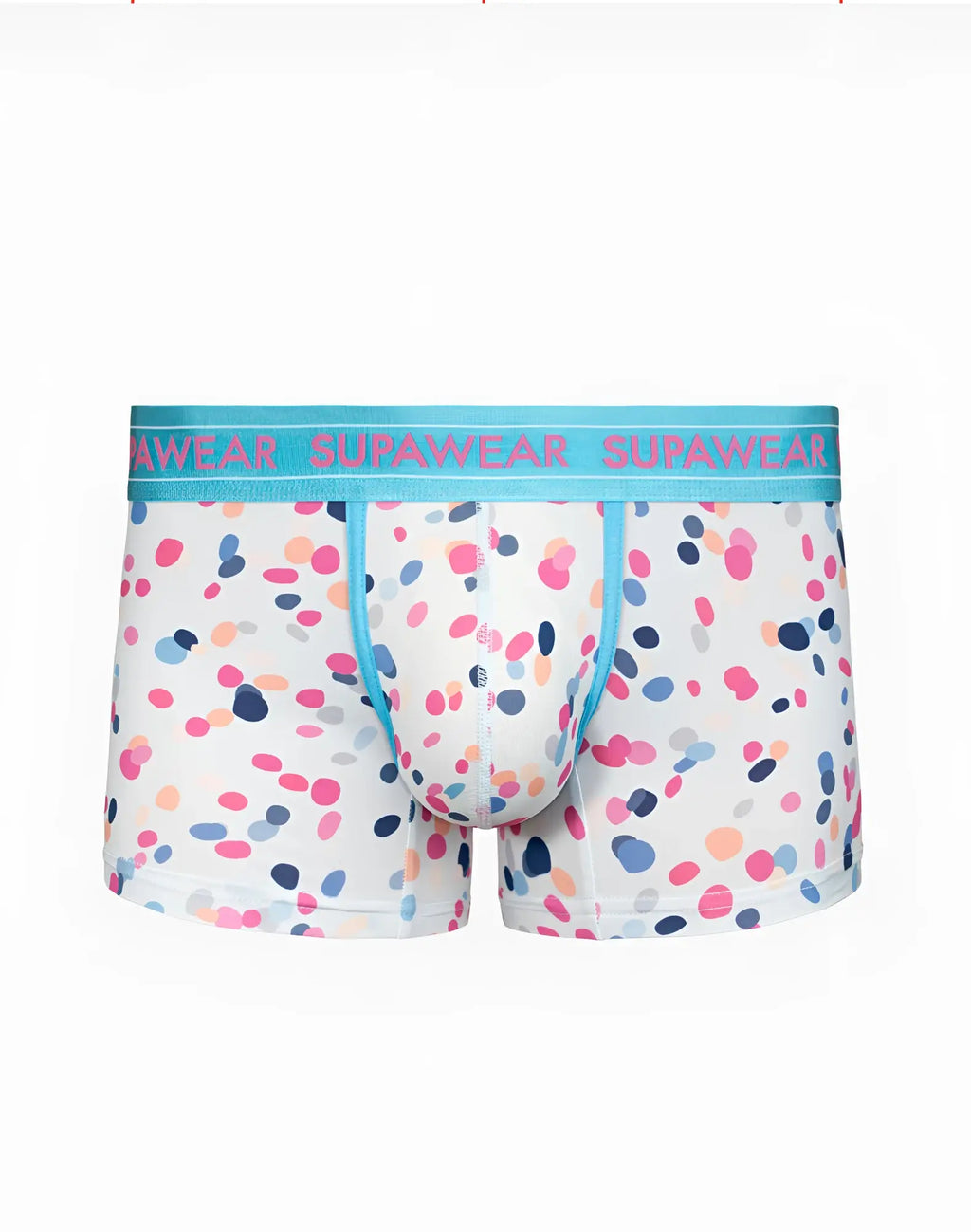 White supawear sprint trunks underwear with ditsy dots polka dot pattern and light blue branded waistband