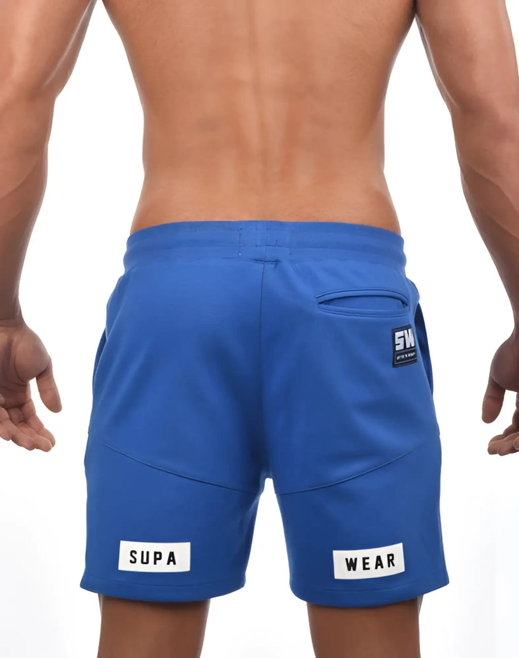 Blue supawear storm athletic shorts with white patches and black logo on back right pocket showing the back side