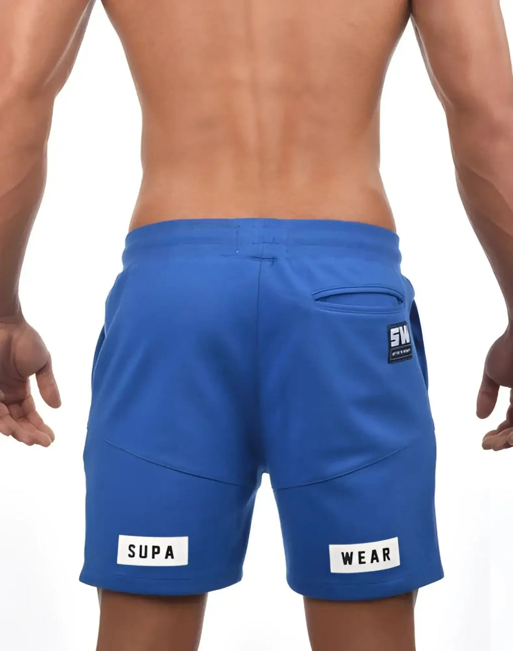 Blue supawear storm athletic shorts with white patches and black logo on back right pocket showing the back side