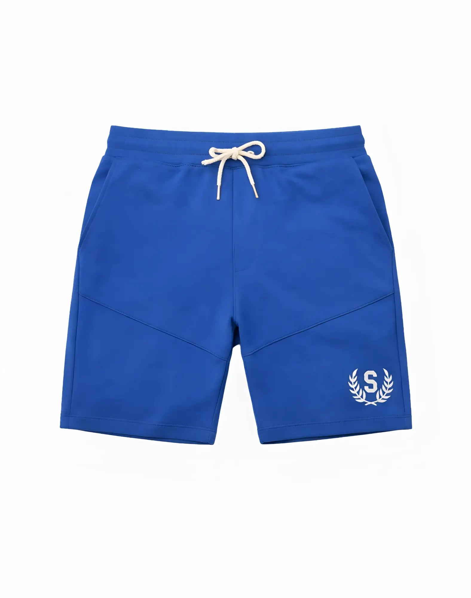 SupaWear storm shorts blue royal blue athletic shorts with white drawstring and embroidered laurel wreath logo