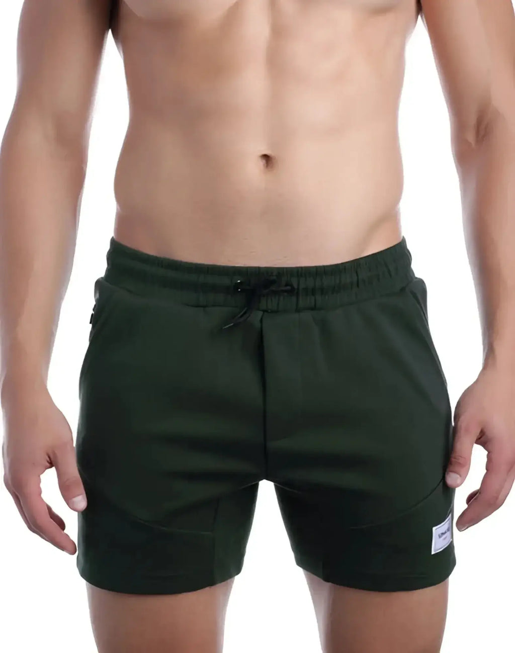 SupaWear strike shorts in forest dark green with drawstring waistband and side pockets designed for athletic use