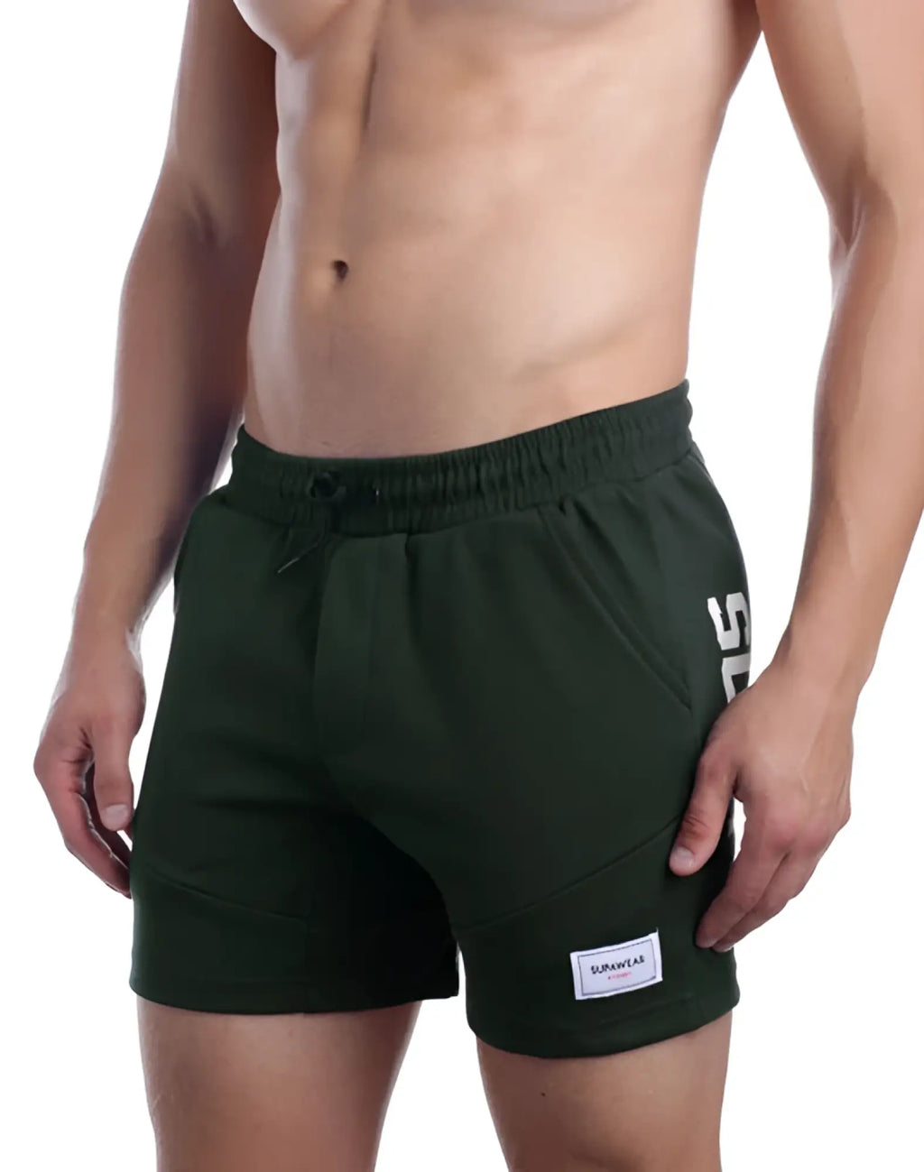 Dark green SUPAWEAR Strike athletic shorts with drawstring waistband and white side branding in forest color
