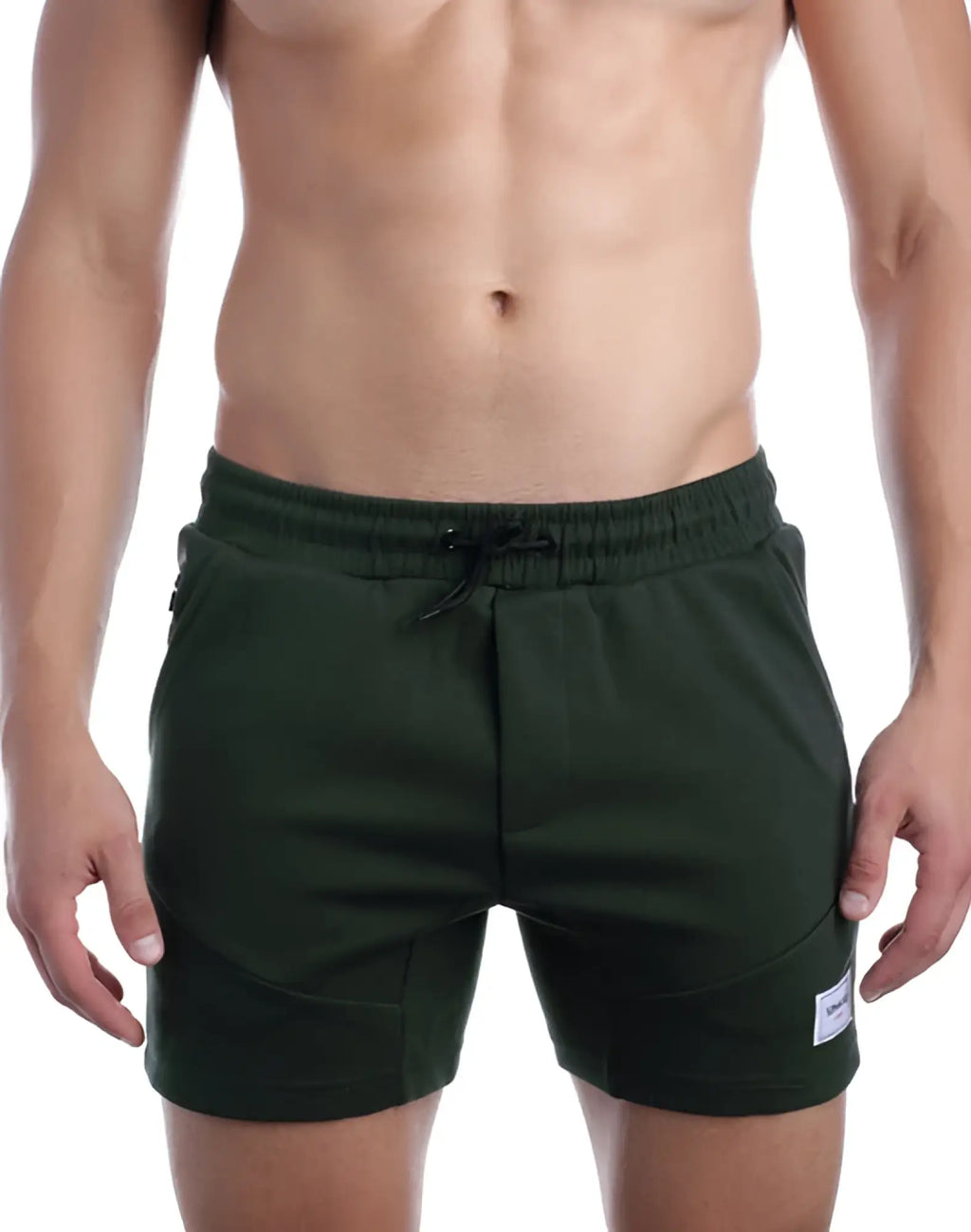 SupaWear strike shorts in forest dark green with drawstring waistband and side pockets designed for athletic use