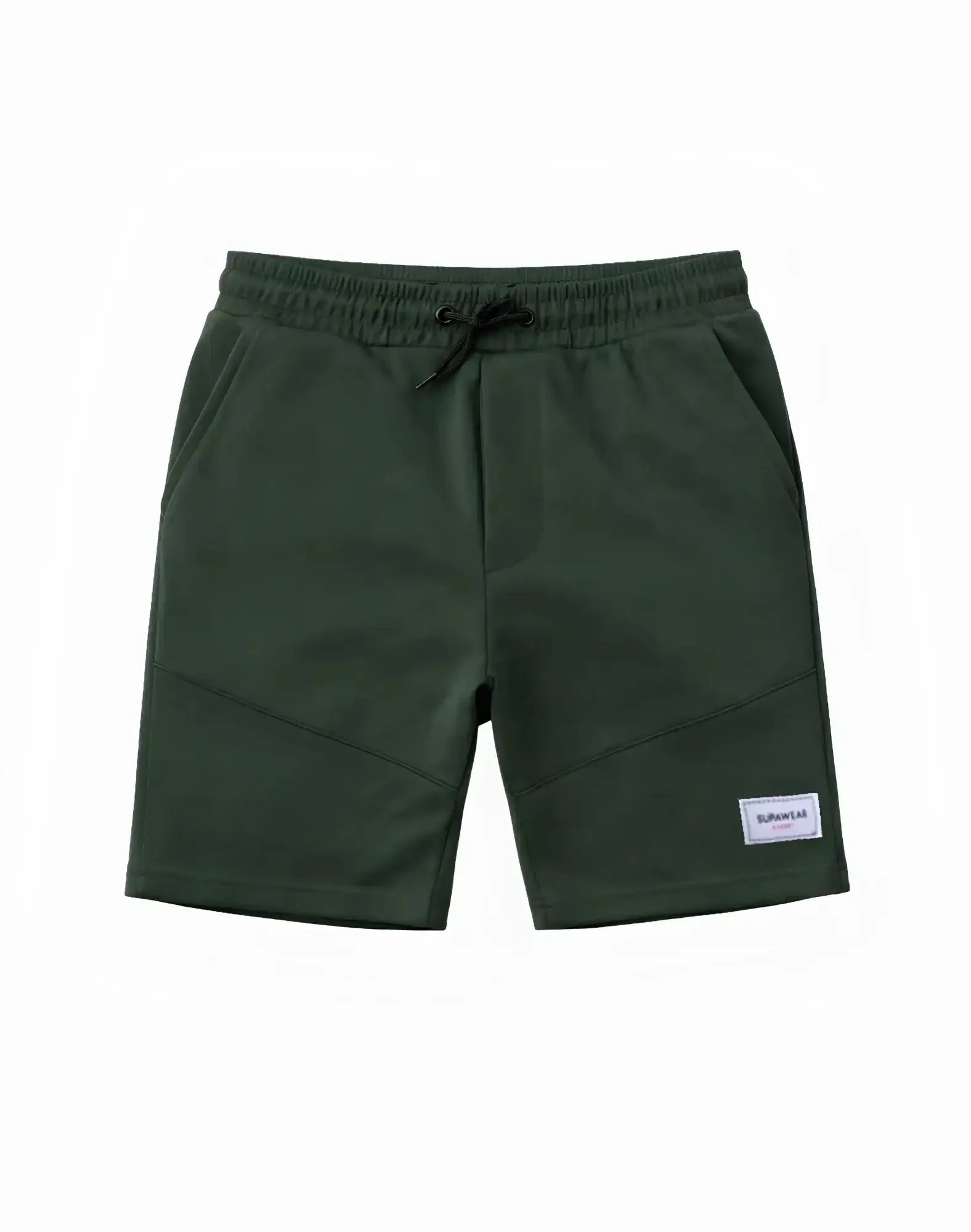 SupaWear Strike shorts in forest green with elastic waist drawstring and subtle stitching details