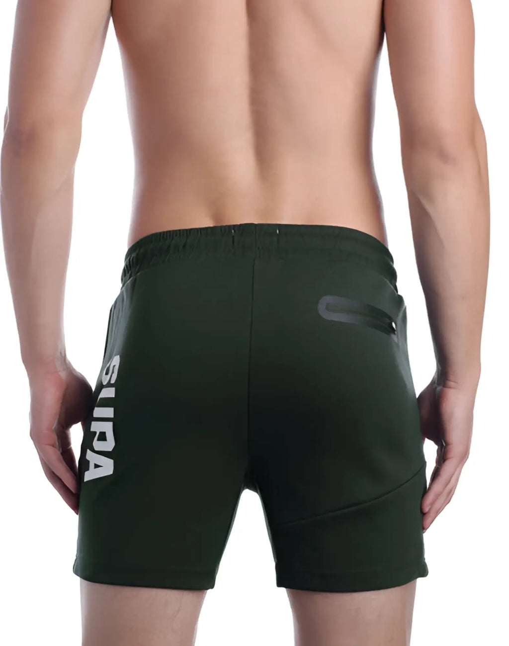 SupaWear strike shorts in forest green with a white vertical logo and black zippered pocket for athletic use
