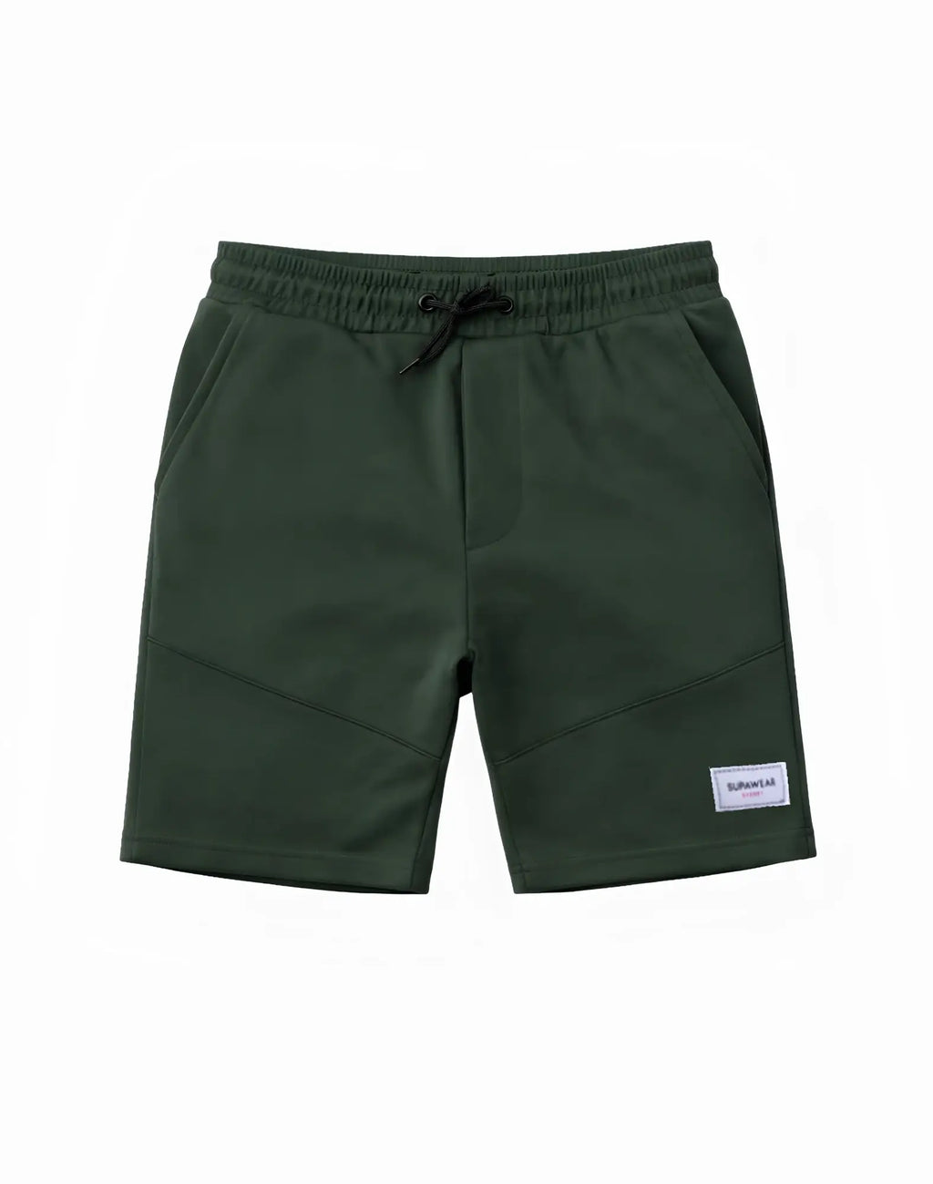 SupaWear Strike shorts in forest green with elastic waist drawstring and subtle stitching details