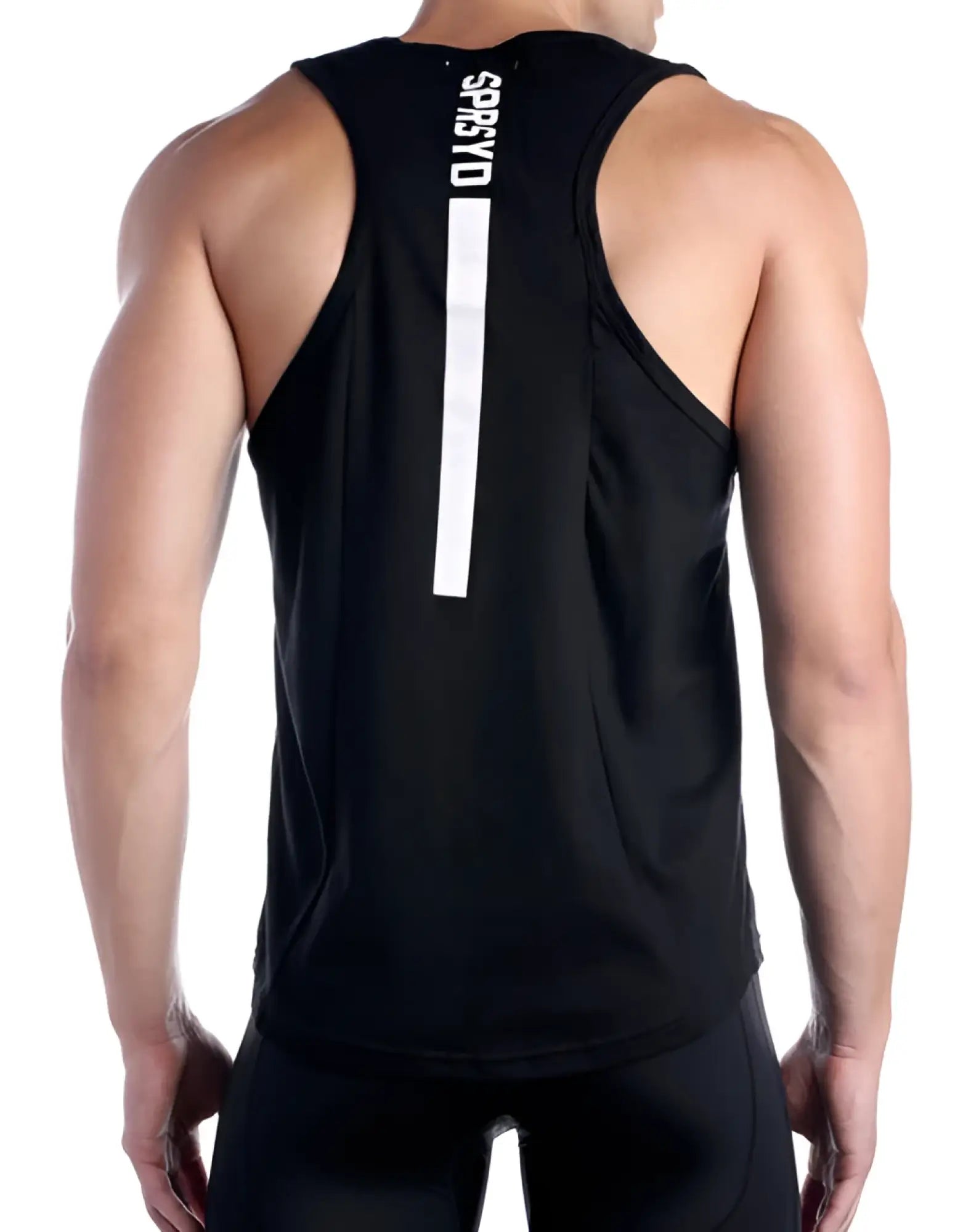 Back view of supawear strike singlet charcoal athletic tank top with vertical white stripe and spyd branding