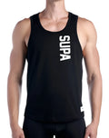 Black supa tank top in charcoal with bold white vertical lettering across the chest for casual wear